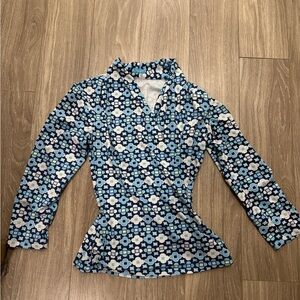 J. McLaughlin Blue and White Geometric Blouse